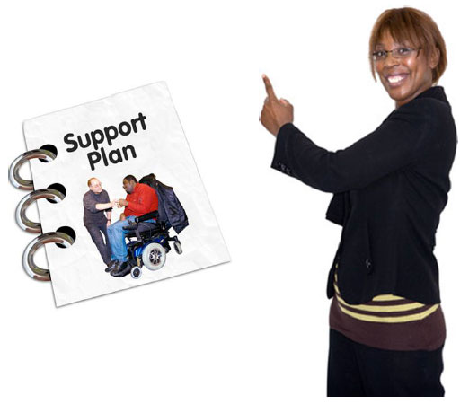 Binded paper with Support Plan written on it on the left. On the right a women pointing Binded paper with Support Plan written on it on the left. On the right a women pointing
