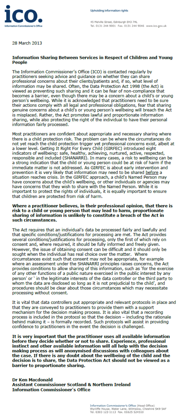 Letter - Guidance on information sharing between services in respect of children and young people