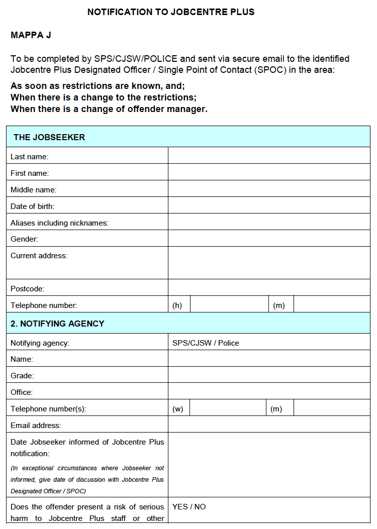Notification to Jobcentre Plus