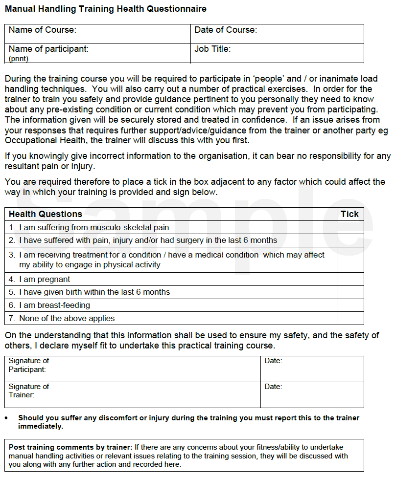 Manual Handling Training Health Questionnaire