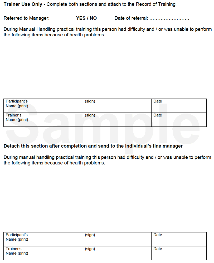 Manual Handling Training Health Questionnaire