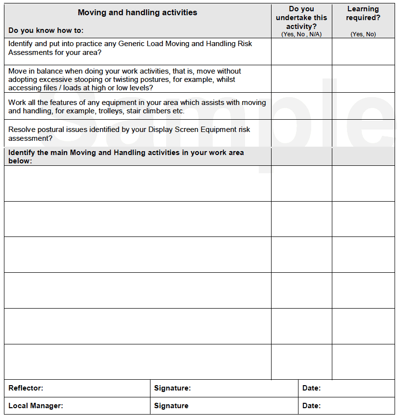 Manual Handling Self Assessment Form - Inanimate Load Handling Employees