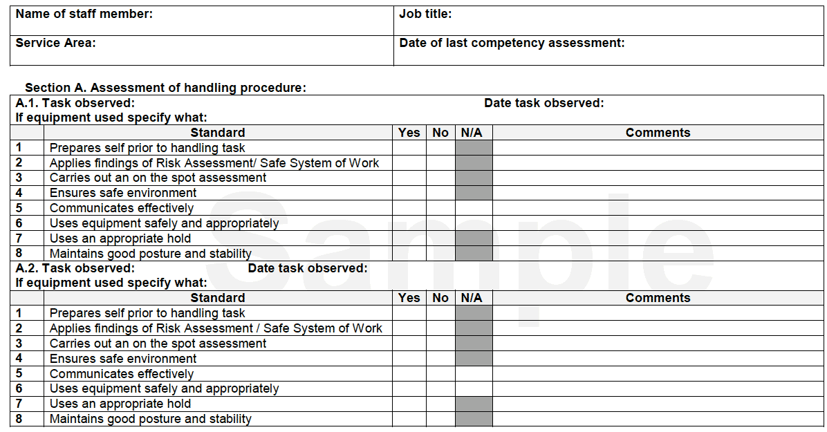 Moving and Handling Competency Assessment Record (Inanimate Load Handling)