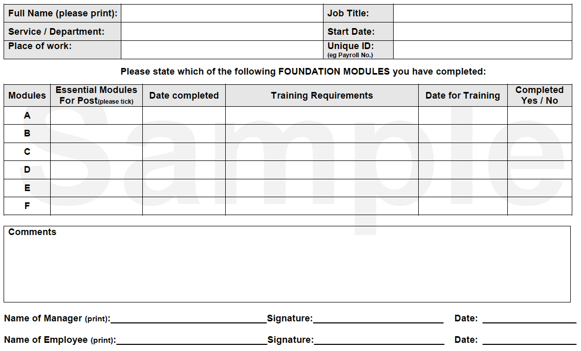 induction Record - Manual Handling Training Needs Form for People Handling Employees