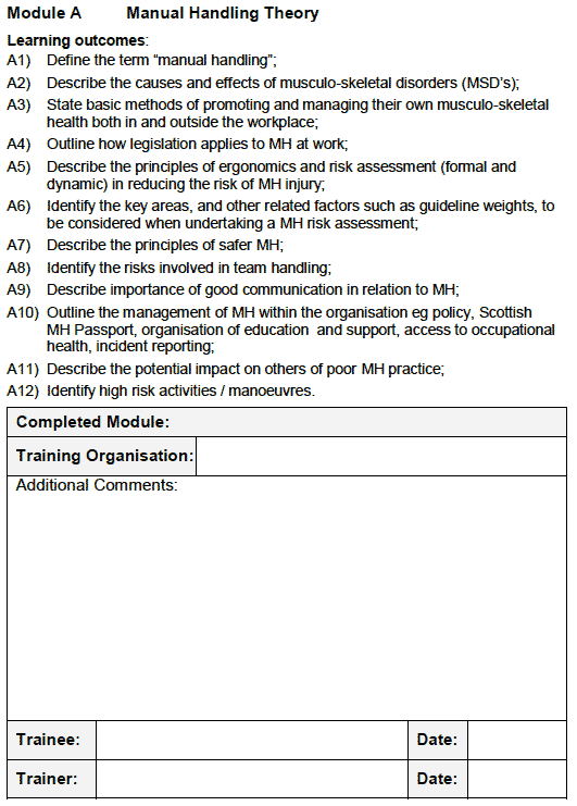 The Scottish Manual Handling Passport form