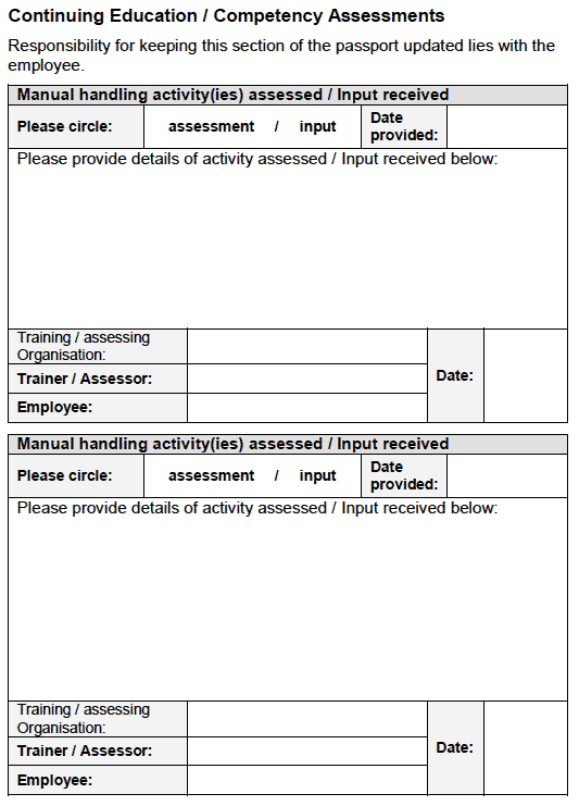 The Scottish Manual Handling Passport form