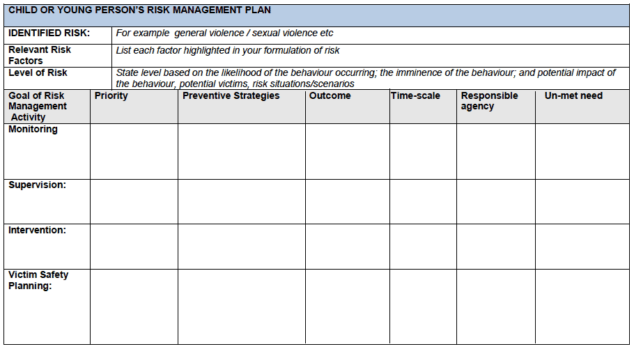 Child or young person's risk management plan Child or young person's risk management plan