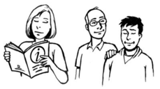 A woman reading an information booklet. A man supporting another man