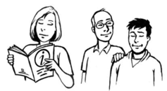 A woman reading an information booklet. A man supporting another man