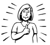 A woman smiling with her thumb up, showing that she has been treated well