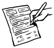 A hand with a pen, filling in a form