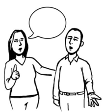 A woman helping a man to have his say