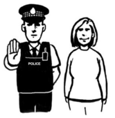 A woman standing next to a Police officer who is protecting her