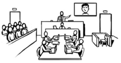 A court room, with a child giving his evidence on a video screen