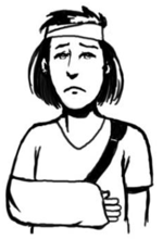 A woman with a bandage round her head and her arm in a sling