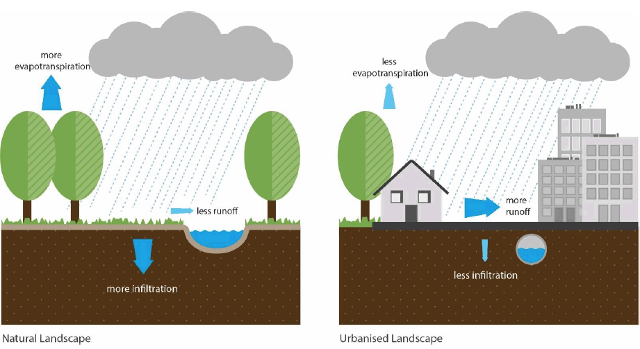 Figure 1.4 Surface water run-off in natural and urbanised landscapes Figure 1.4 Surface water run-off in natural and urbanised landscapes