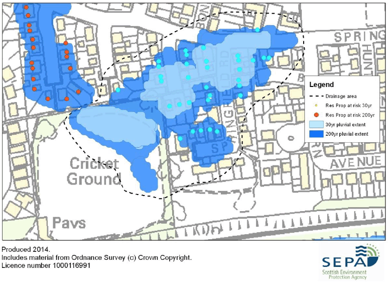 Figure A5.1 SEPA regional pluvial hazard and risk data showing properties predicted to flood