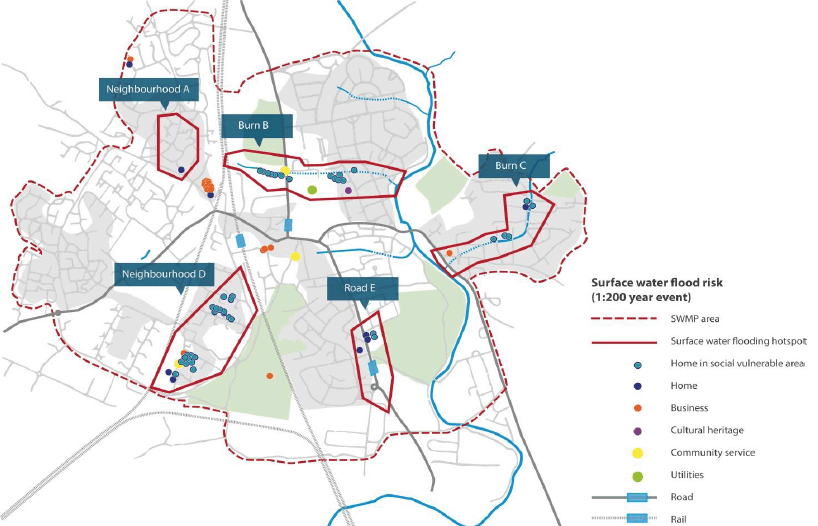 Figure 5.1 Example showing SWMP boundary and areas at greatest risk (surface water flooding hotspots)