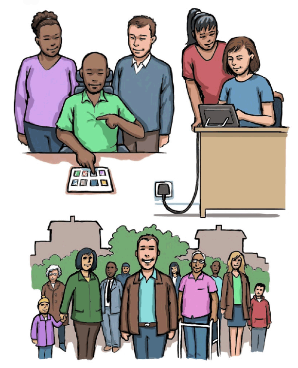 A man using low-tech communication equipment and pointing at himself, with two people watching and smiling. A woman communicating with another woman using high-tech communication equipment . A happy man in the community with lots of other people.