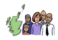 A map of Scotland with a diverse group of children and adults next to it.