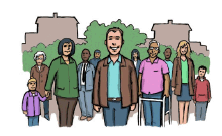 A happy man in the community with lots of other people.