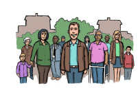 A happy man in the community with lots of other people.
