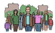A happy man in the community with lots of other people.
