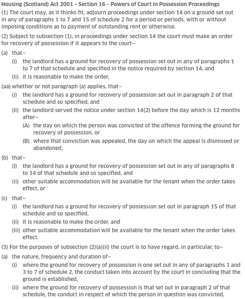 Housing (Scotland) Act 2001 – Section 16 – Powers of Court in Possession Proceedings - part 1 Housing (Scotland) Act 2001 – Section 16 – Powers of Court in Possession Proceedings - part 1