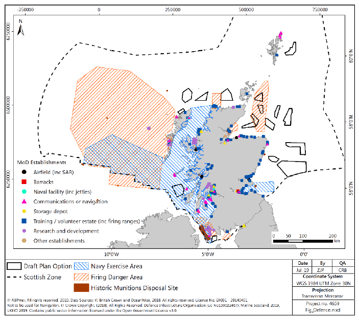 Figure 15 Defence infrastructure sites and exercise areas in Scottish seas Figure 15 Defence infrastructure sites and exercise areas in Scottish seas