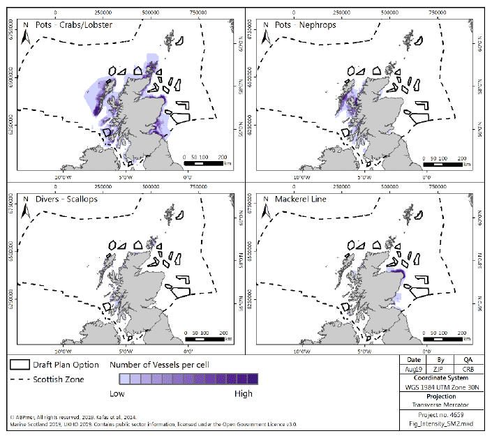 Figure 21 Number of vessels for under-15m vessels pots, divers and mackerel lines, from ScotMap Figure 21 Number of vessels for under-15m vessels pots, divers and mackerel lines, from ScotMap
