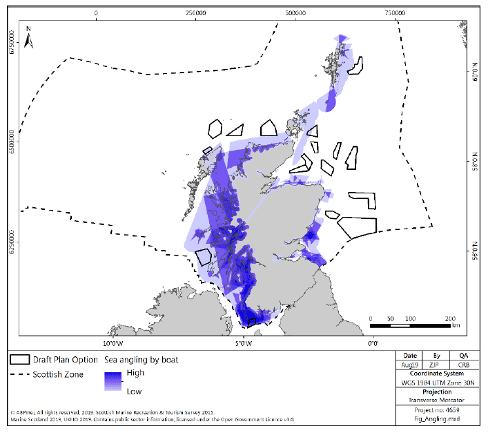 Figure 30 Sea angling (by boat) density in Scottish waters Figure 30 Sea angling (by boat) density in Scottish waters