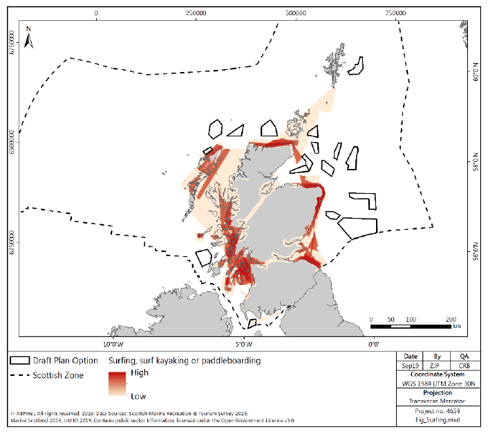 Figure 33 Surfing activity density in Scottish waters Figure 33 Surfing activity density in Scottish waters