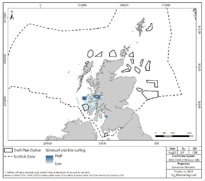 Figure 34 Windsurfing activity density in Scottish waters Figure 34 Windsurfing activity density in Scottish waters