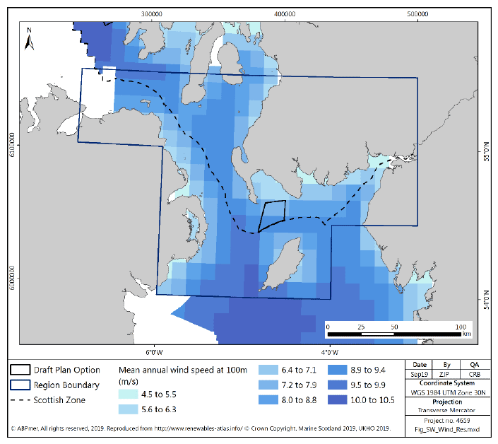 Figure 55 South West region: mean annual wind speed Figure 55 South West region: mean annual wind speed