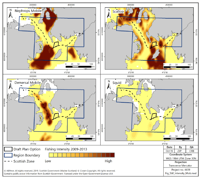 Figure 64 Fishing intensity for over-15m vessels in the South West region using demersal mobile gear (2009-2013) Figure 64 Fishing intensity for over-15m vessels in the South West region using demersal mobile gear (2009-2013)