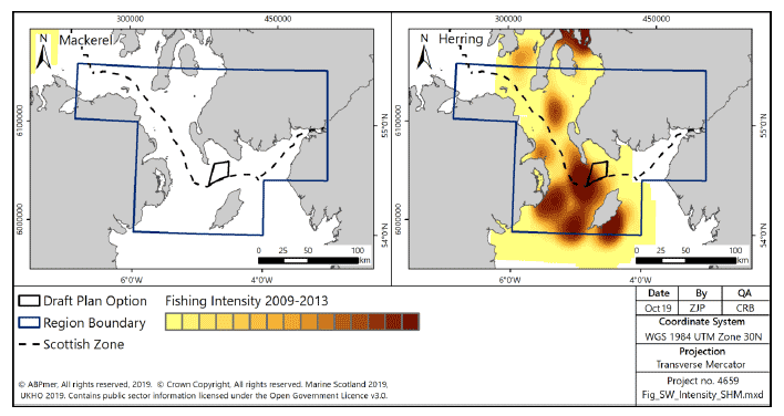 Figure 65 Fishing intensity for over-15m vessels in the South West region targeting pelagic species (2009-2013) Figure 65 Fishing intensity for over-15m vessels in the South West region targeting pelagic species (2009-2013)