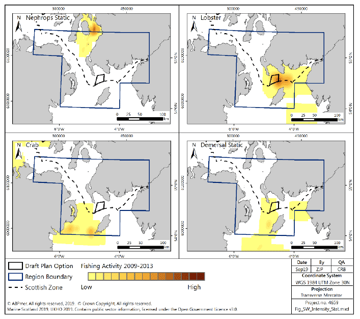 Figure 66 Fishing intensity for over-15m vessels in the South West region using static gear (2009-2013) Figure 66 Fishing intensity for over-15m vessels in the South West region using static gear (2009-2013)