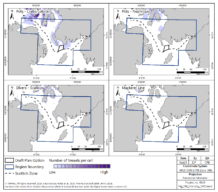 Figure 68 Number of vessels for under-15m vessels in the South West region, pots, divers and mackerel lines, from ScotMap Figure 68 Number of vessels for under-15m vessels in the South West region, pots, divers and mackerel lines, from ScotMap