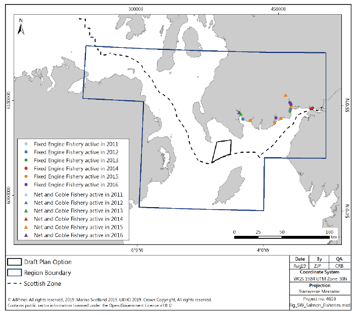 Figure 70 Salmon and sea trout net fisheries reporting catches in 2011-2016 in the South West region Figure 70 Salmon and sea trout net fisheries reporting catches in 2011-2016 in the South West region