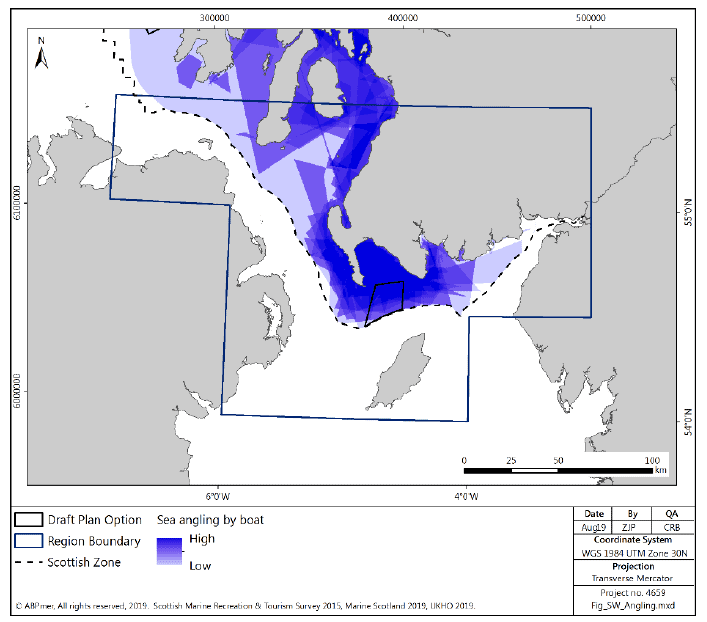 Figure 77 South West region: sea angling (by boat) activity density Figure 77 South West region: sea angling (by boat) activity density