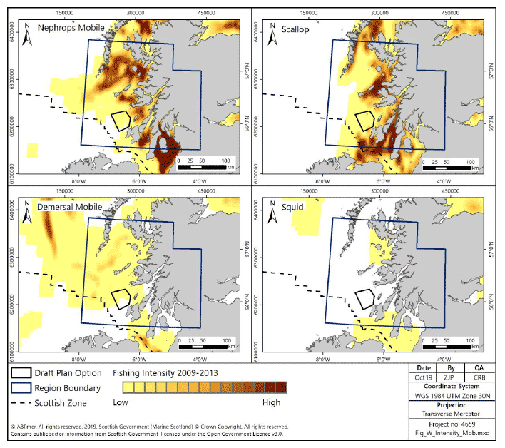 Figure 106 Fishing intensity for over-15m vessels in the West region using demersal mobile gear (2009-2013) Figure 106 Fishing intensity for over-15m vessels in the West region using demersal mobile gear (2009-2013)