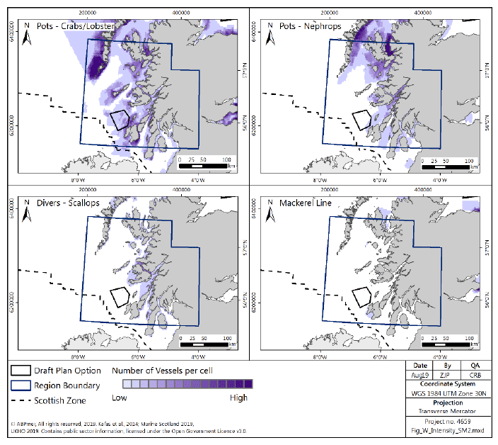 Figure 110 Number of vessels for under-15m vessels in the West region, pots, divers and mackerel lines, from ScotMap Figure 110 Number of vessels for under-15m vessels in the West region, pots, divers and mackerel lines, from ScotMap