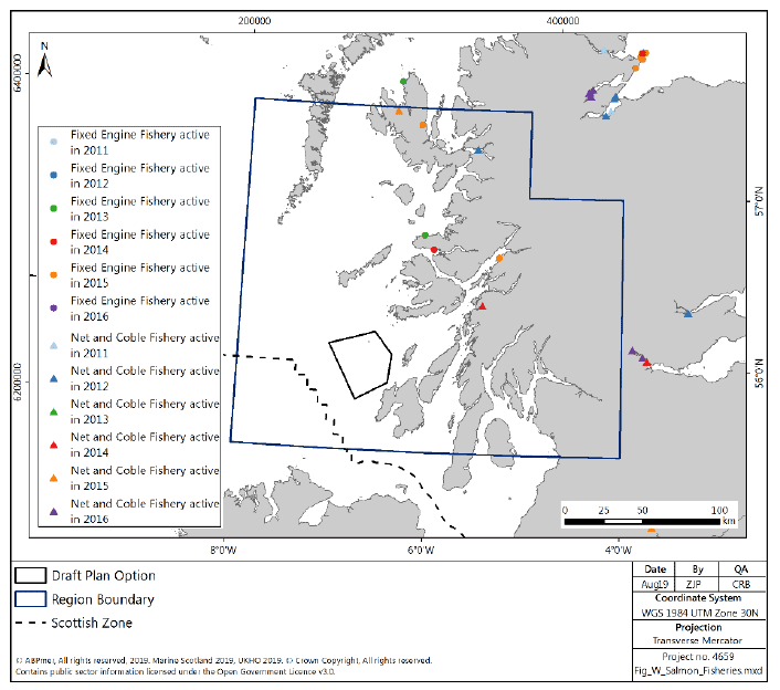 Figure 112 Salmon and sea trout net fisheries reporting catches in 2011-2016 in the West region Figure 112 Salmon and sea trout net fisheries reporting catches in 2011-2016 in the West region