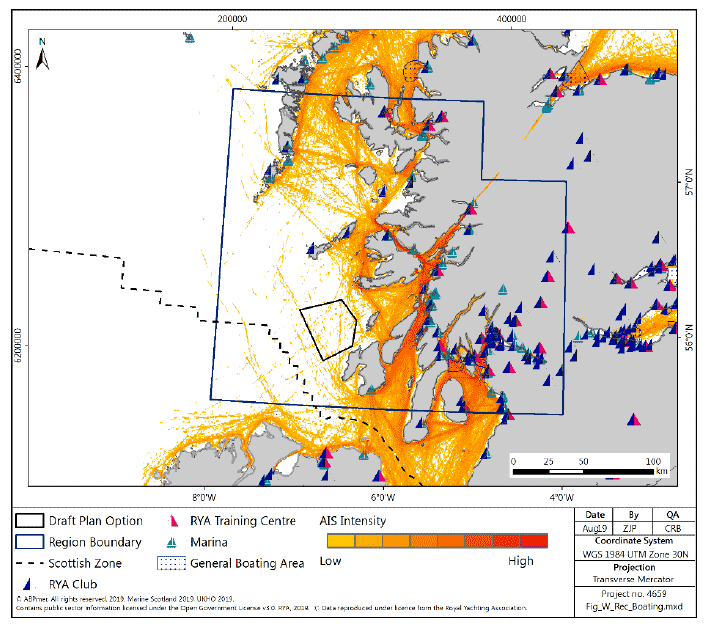 Figure 118 West region: recreational boating facilities and recreational boating density (from 2015 AIS data) Figure 118 West region: recreational boating facilities and recreational boating density (from 2015 AIS data)