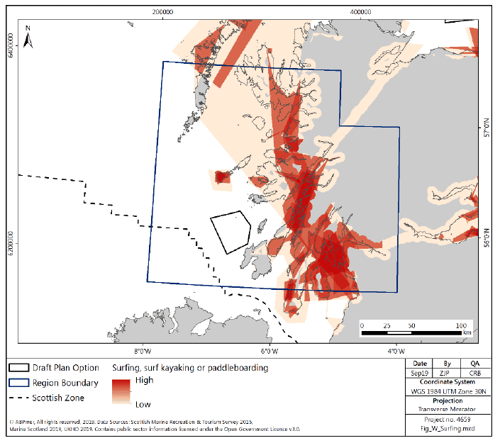 Figure 122 West region: surfing, surf kayaking and paddleboarding activity density Figure 122 West region: surfing, surf kayaking and paddleboarding activity density