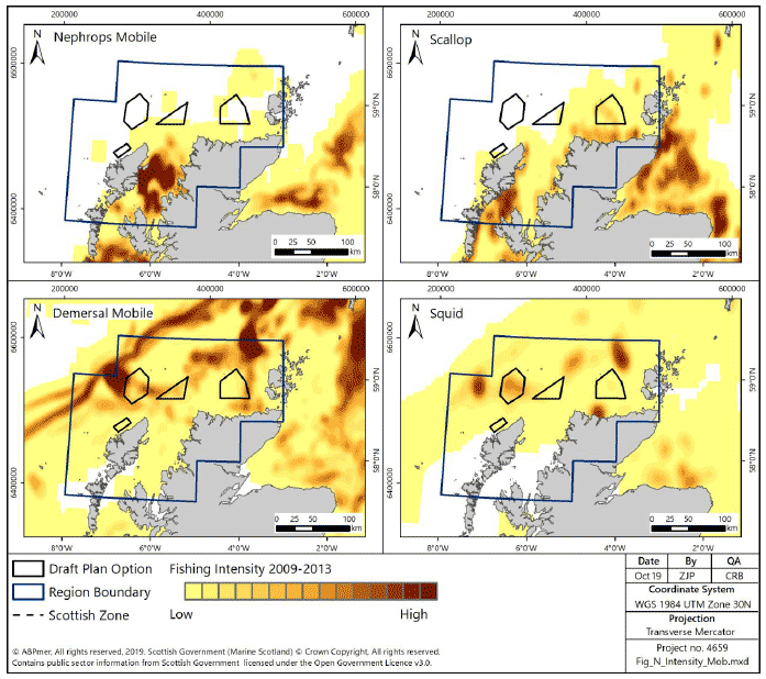 Figure 150 Fishing intensity for over-15m vessels in the North region using demersal mobile gear (2009-2013) Figure 150 Fishing intensity for over-15m vessels in the North region using demersal mobile gear (2009-2013)