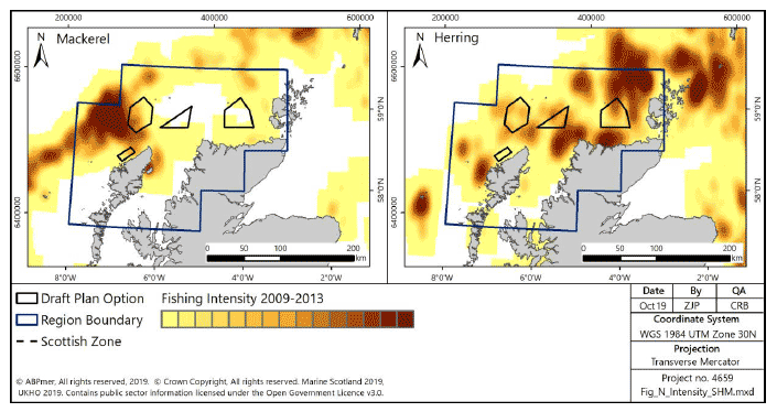 Figure 151 Fishing intensity for over-15m vessels in the North region targeting pelagic species (2009-2013) Figure 151 Fishing intensity for over-15m vessels in the North region targeting pelagic species (2009-2013)