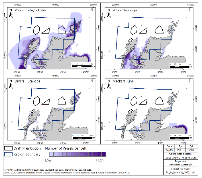 Figure 154 Number of vessels for under-15m vessels in the North region, pots, divers and mackerel lines, from ScotMap Figure 154 Number of vessels for under-15m vessels in the North region, pots, divers and mackerel lines, from ScotMap