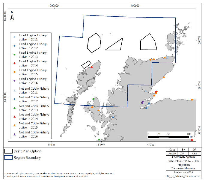 Figure 156 Salmon and sea trout net fisheries reporting catches in 2011-2016 in the North region Figure 156 Salmon and sea trout net fisheries reporting catches in 2011-2016 in the North region