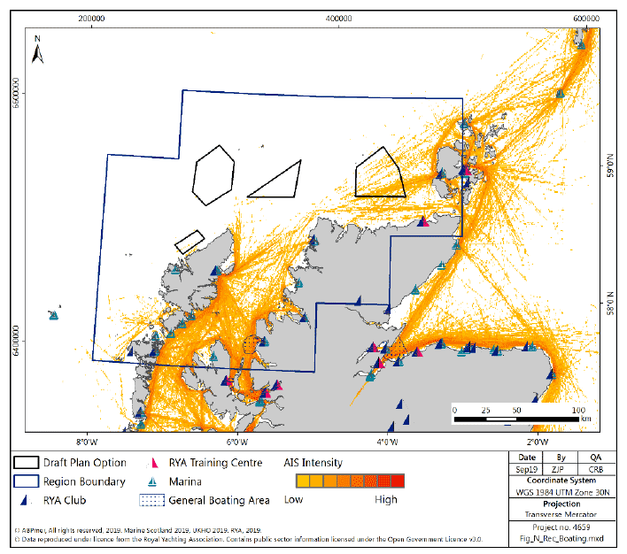Figure 162 North region: recreational boating facilities and recreational boating density (from 2015 AIS data) Figure 162 North region: recreational boating facilities and recreational boating density (from 2015 AIS data)